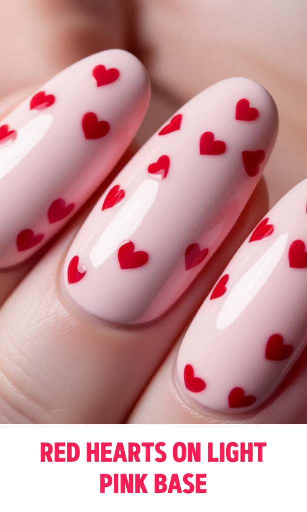 Red Hearts on Light Pink Base Nails