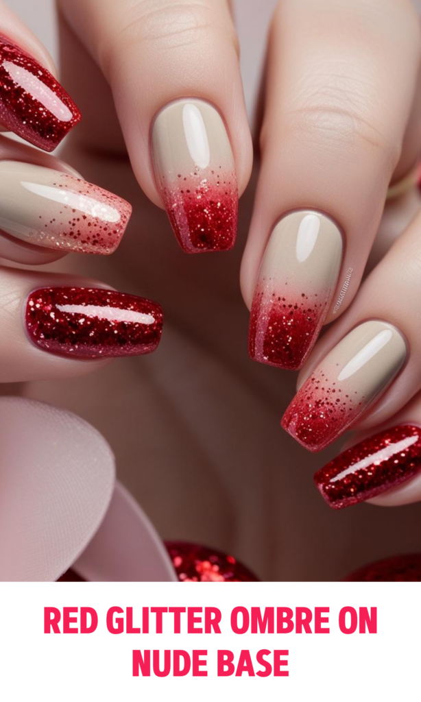 Red Glitter Ombre on Nude Base Nails