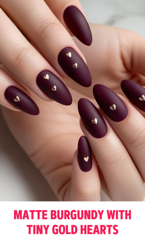 Matte Burgundy Nails with Tiny Gold Hearts