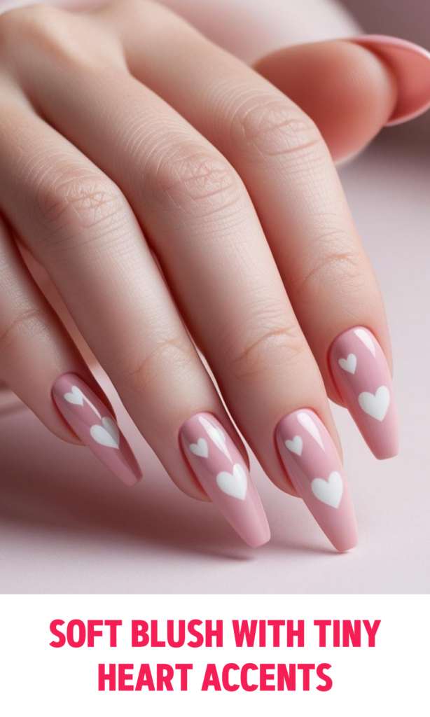 Soft Blush Nails with Tiny Heart Accents