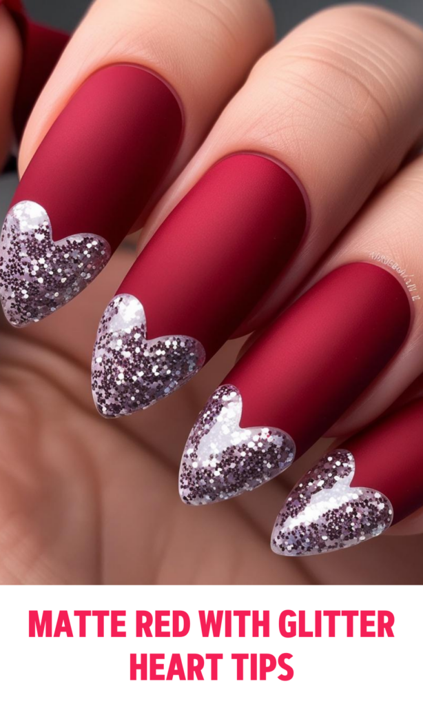 Matte Red Nails with Glitter Heart Tips