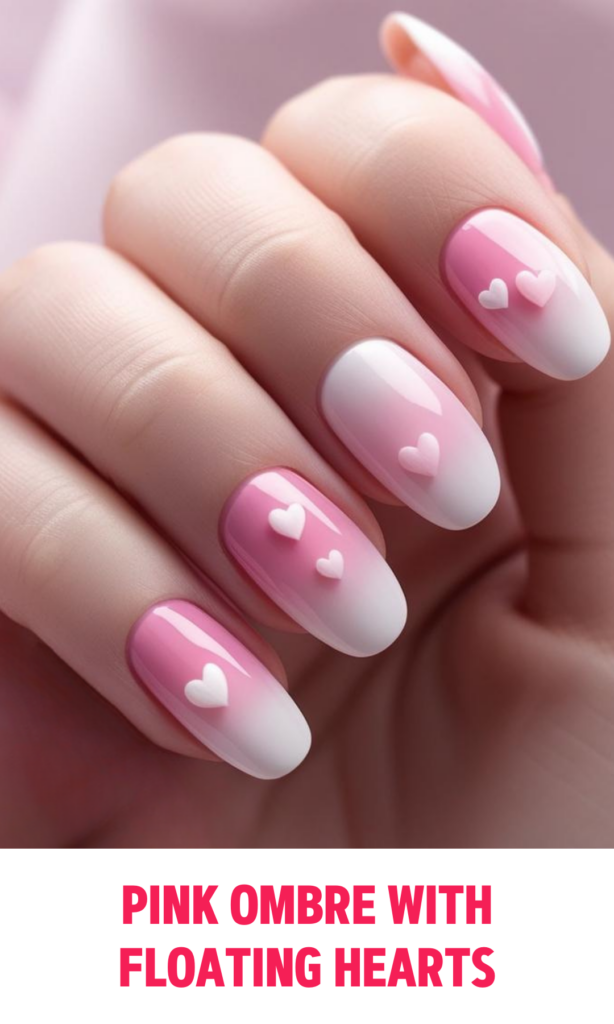 Pink Ombre Nails  with Floating Hearts