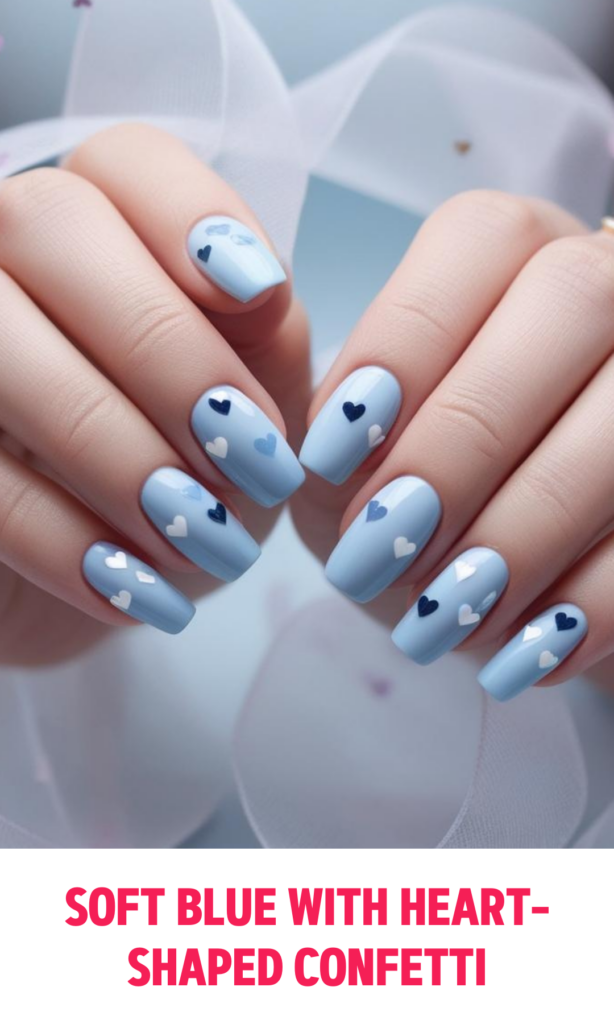 Soft Blue Nails with Heart-Shaped Confetti