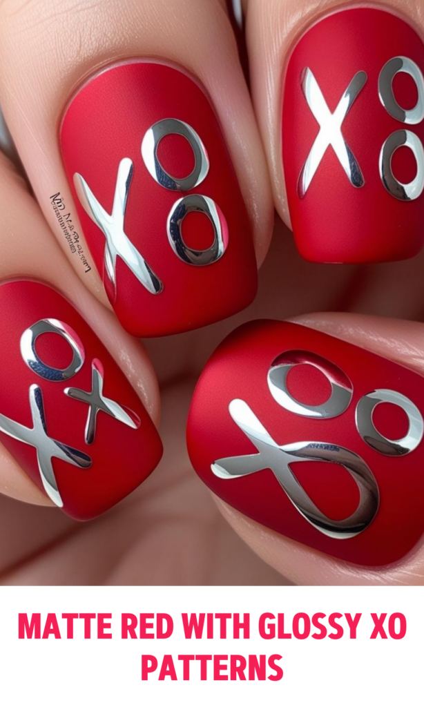 Matte Red Nails with Glossy XO Patterns