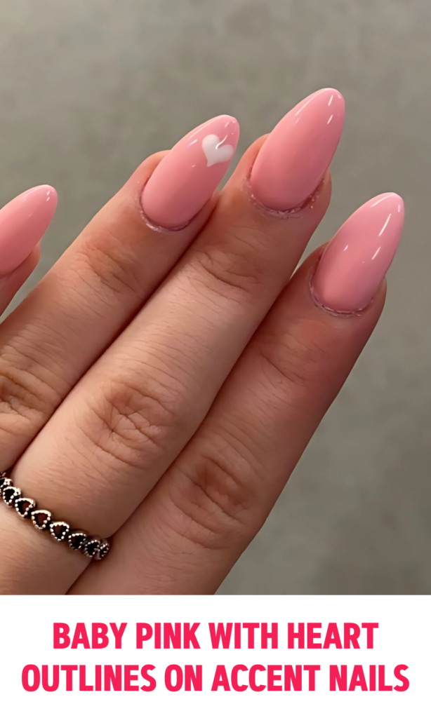 Baby Pink Nails with Heart Outlines on Accent Nails