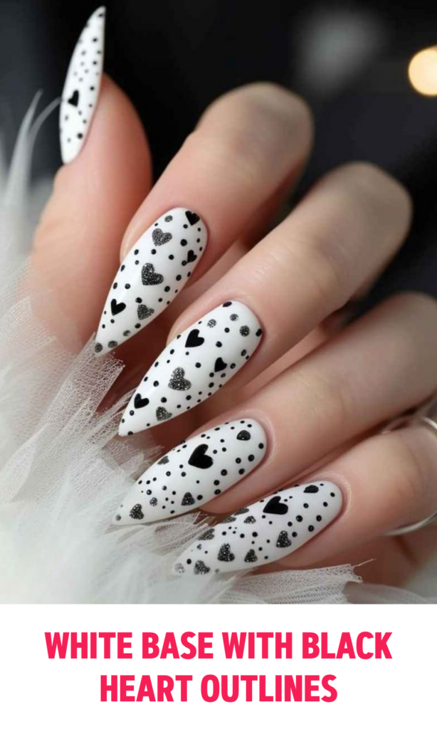 White Base Nails with Black Heart Outlines