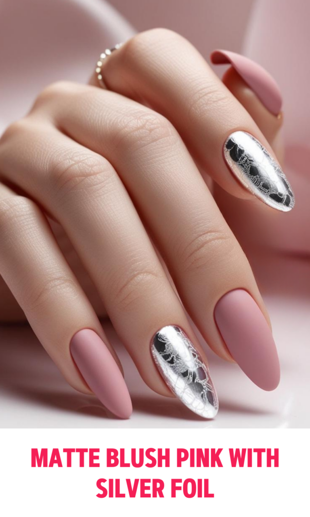 Matte Blush Pink Nails with Silver Foil