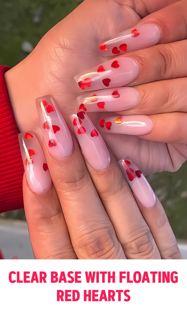 Clear Base Nails with Floating Red Hearts