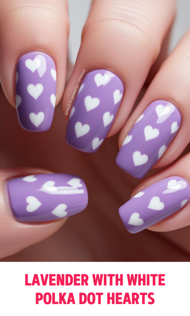 Lavender Nails with White Polka Dot Hearts