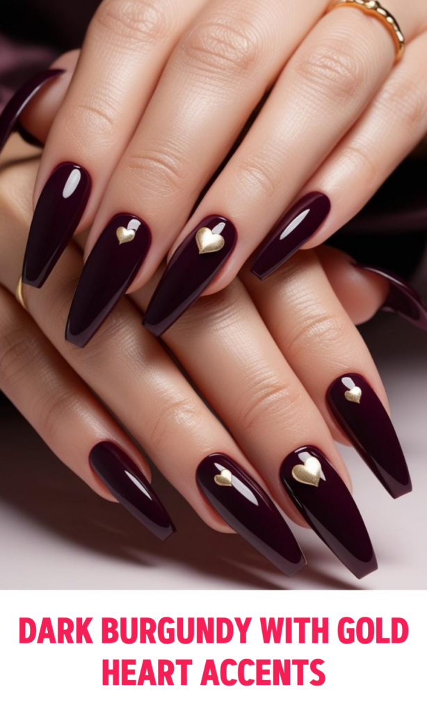 Dark Burgundy Nails with Gold Heart Accents