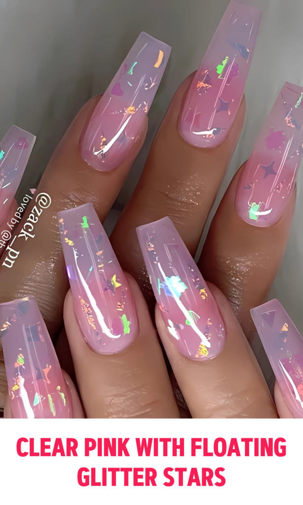 Clear Pink Nails with Floating Glitter Stars