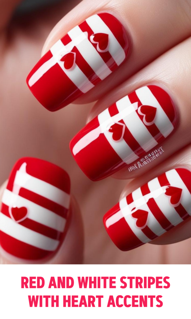 Red and White Stripes with Heart Accents Nails