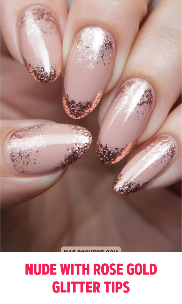 Nude Nails with Rose Gold Glitter Tips