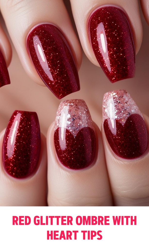 Red Glitter Ombre Nails with Heart Tips