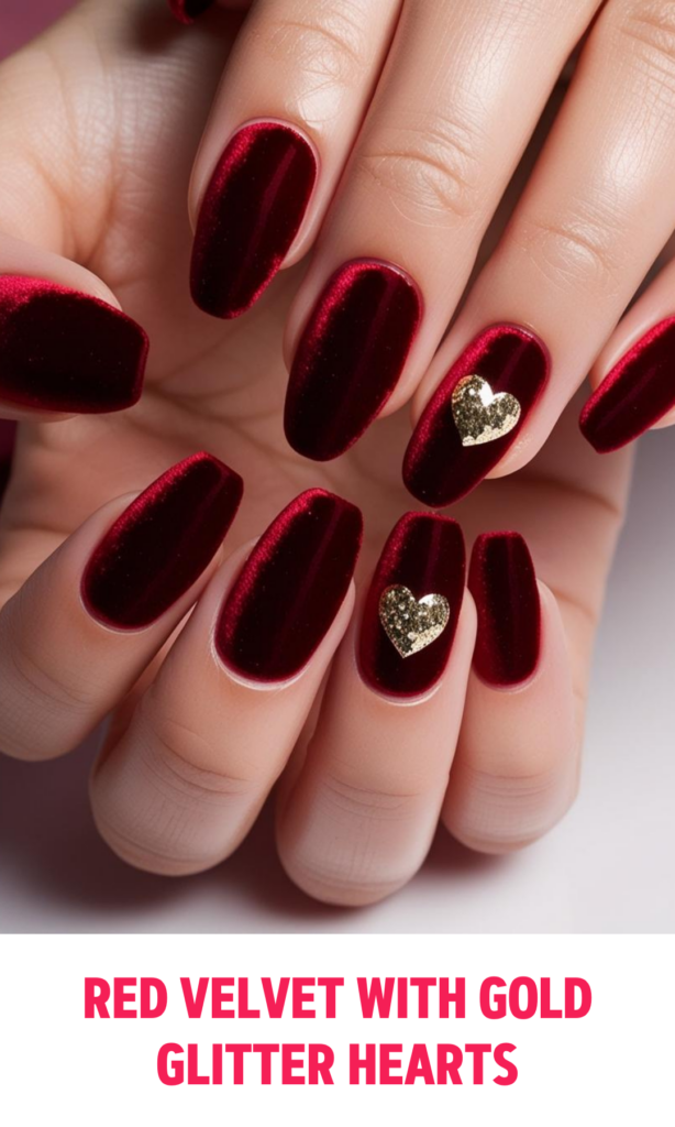 Red Velvet Nails with Gold Glitter Hearts