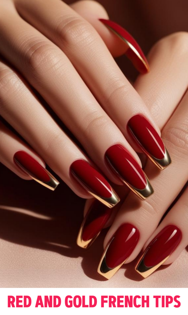 Red and Gold French Tips Nails