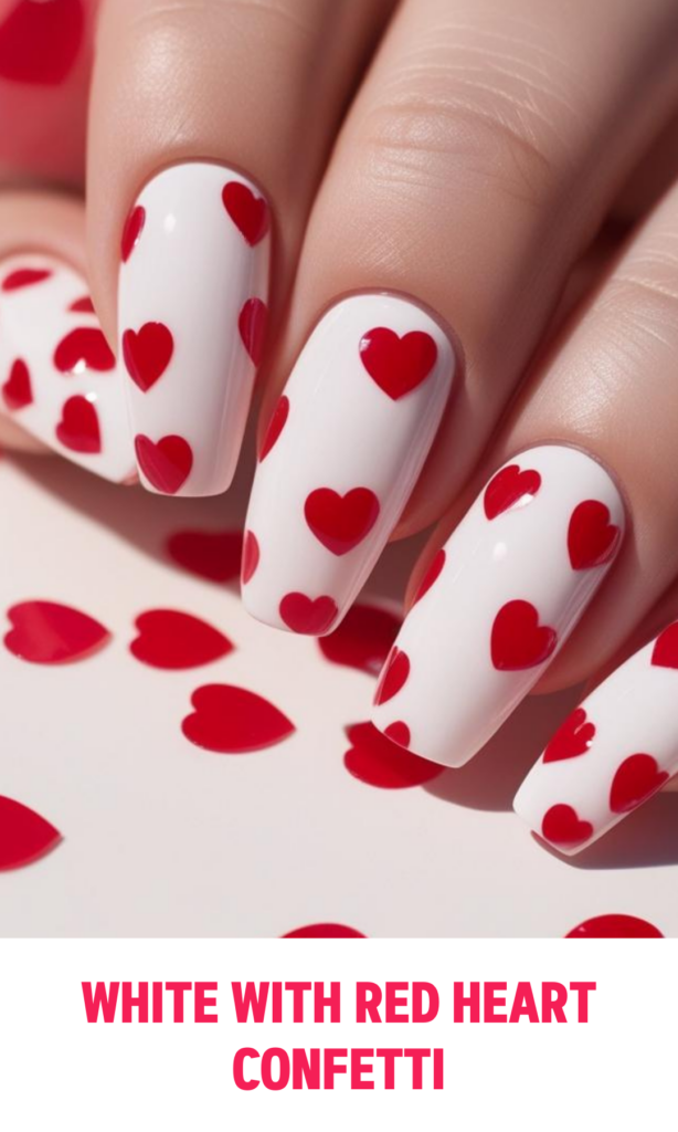 White Nails with Red Heart Confetti