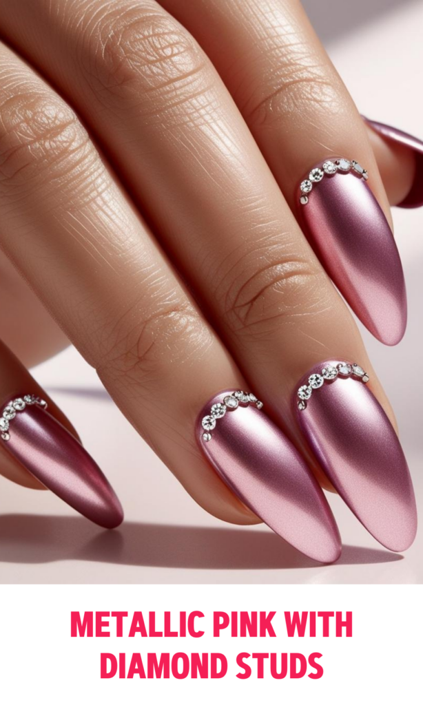 Metallic Pink Nails with Diamond Studs