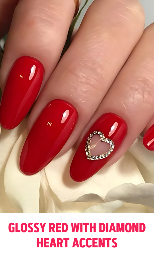 Glossy Red Nails with Diamond Heart Accents