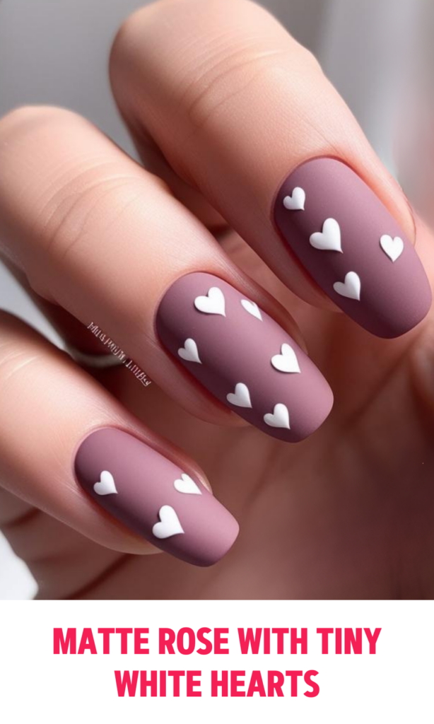 Matte Rose Nails with Tiny White Hearts