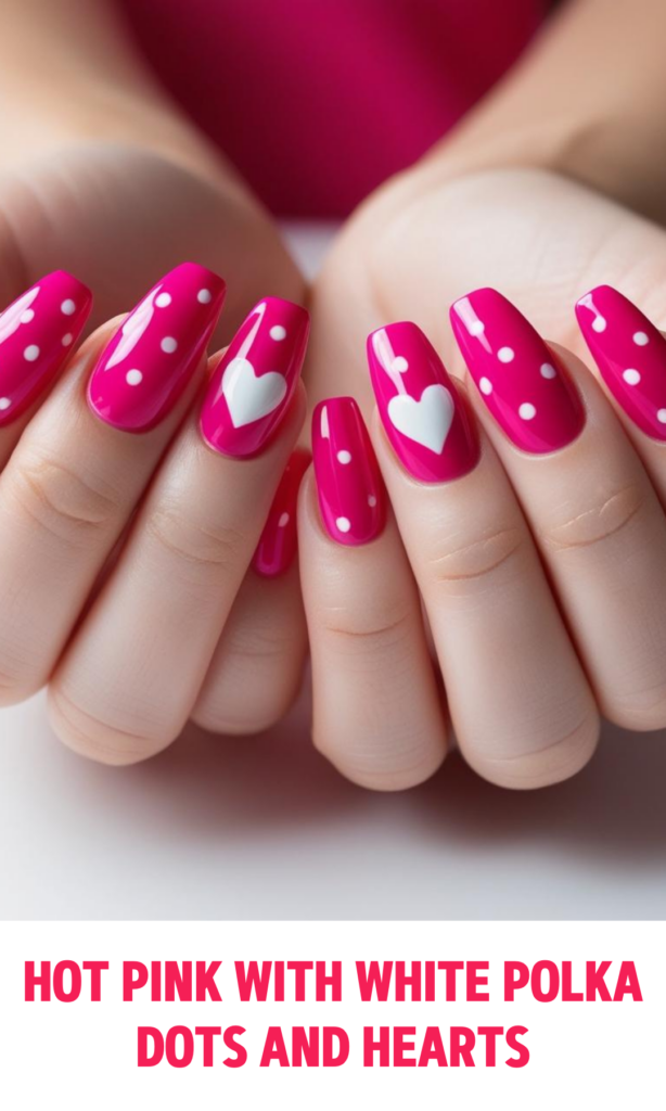 Hot Pink Nails with White Polka Dots and Hearts1