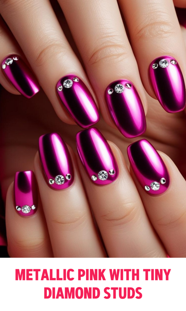 Metallic Pink Nails with Tiny Diamond Studs