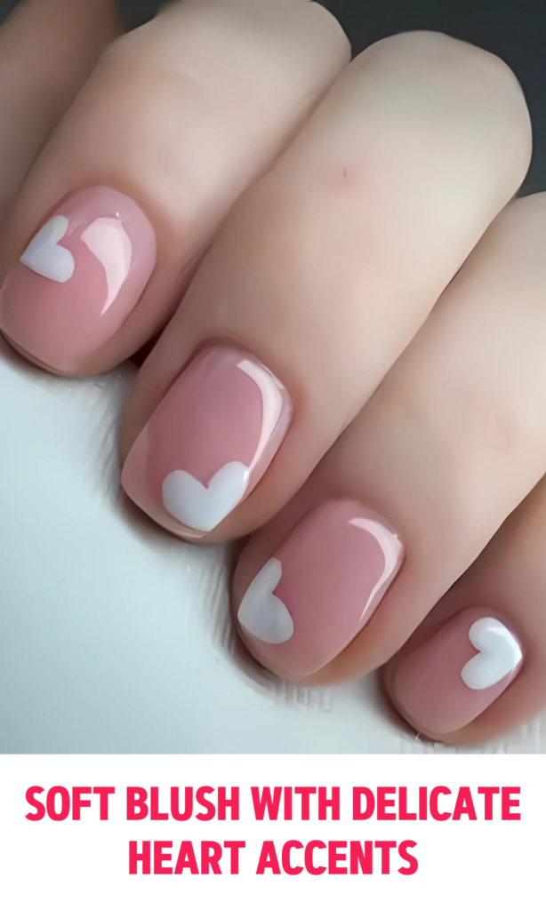 Soft Blush Nails with Delicate Heart Accents