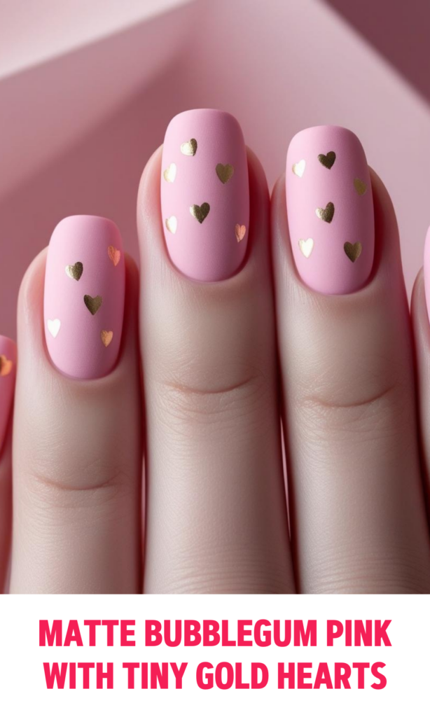 Matte Bubblegum Pink Nails with Tiny Gold Hearts