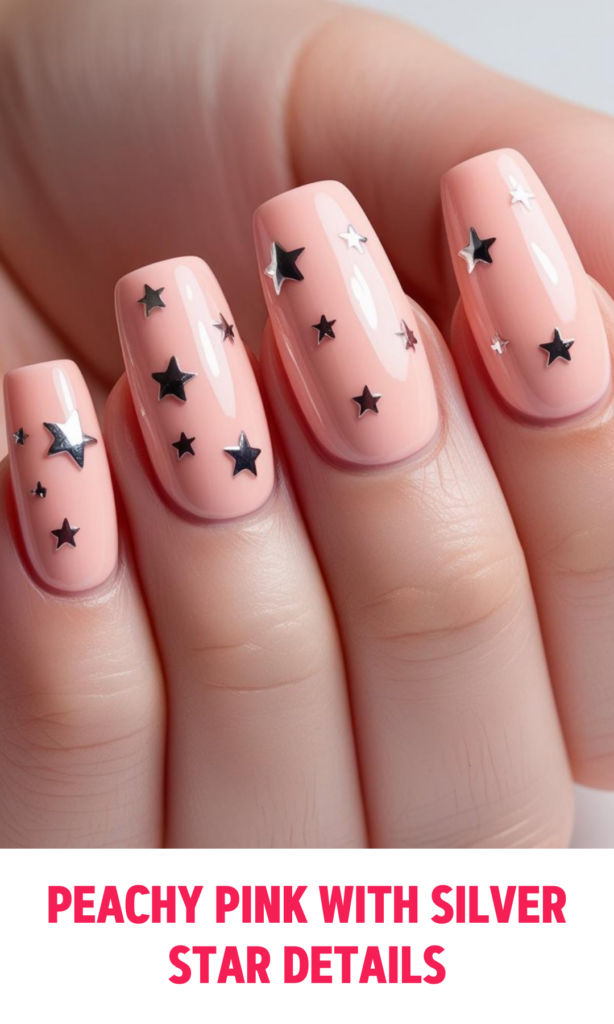 Peachy Pink Nails with Silver Star Details