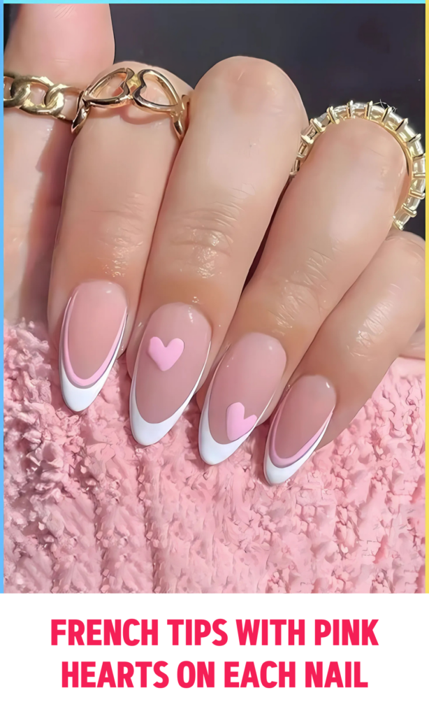 French Tips with Pink Hearts on Each Nail