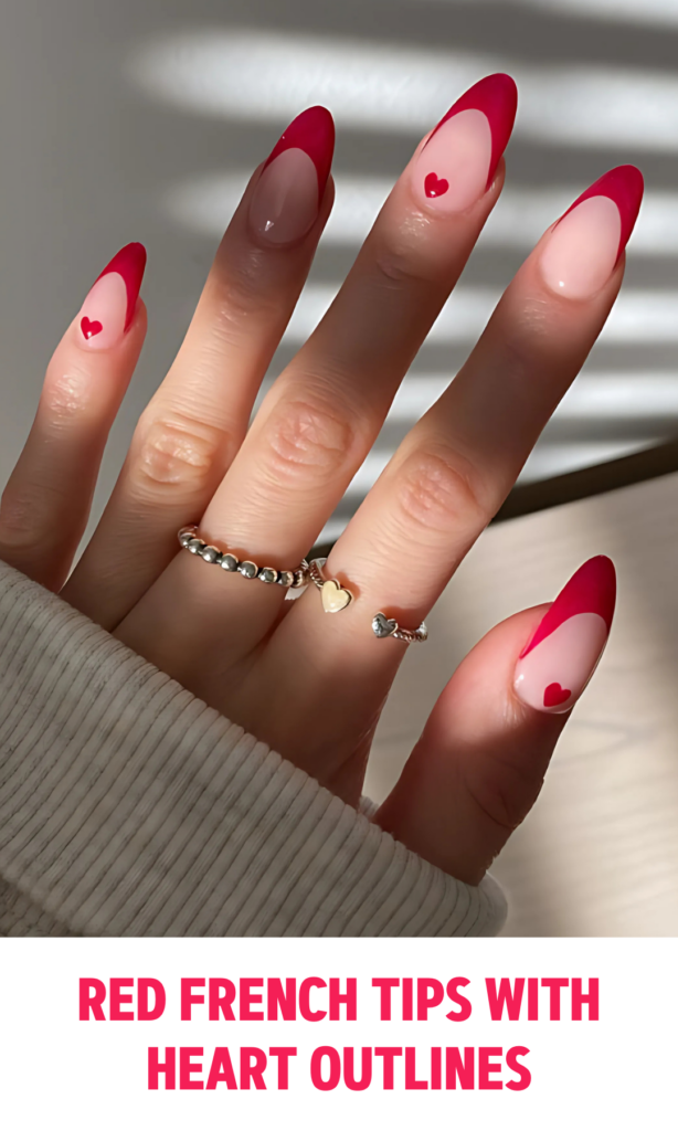 Red French Tips with Heart Outlines