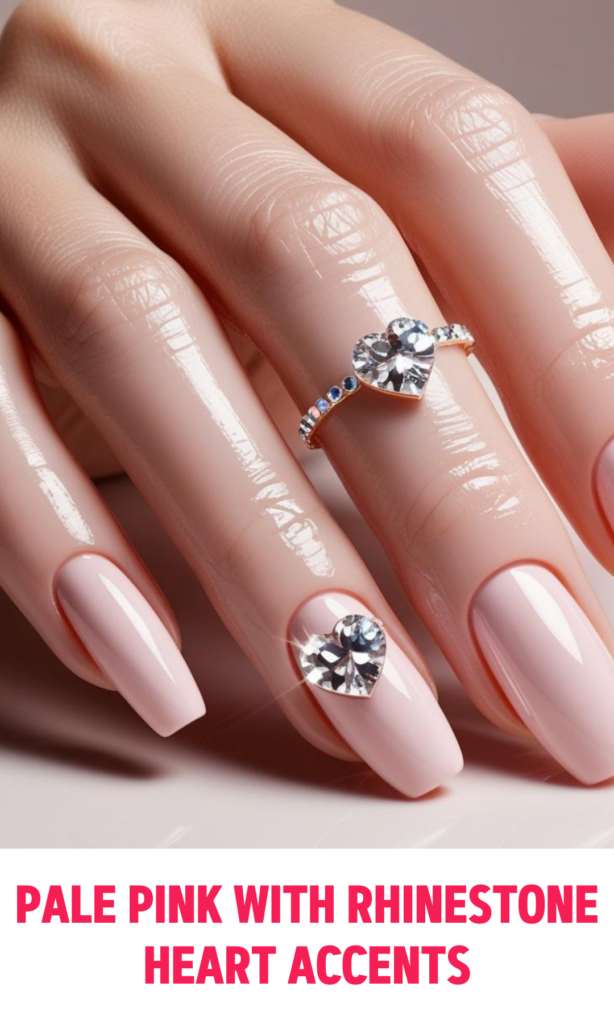 Pale Pink Nails with Rhinestone Heart Accents