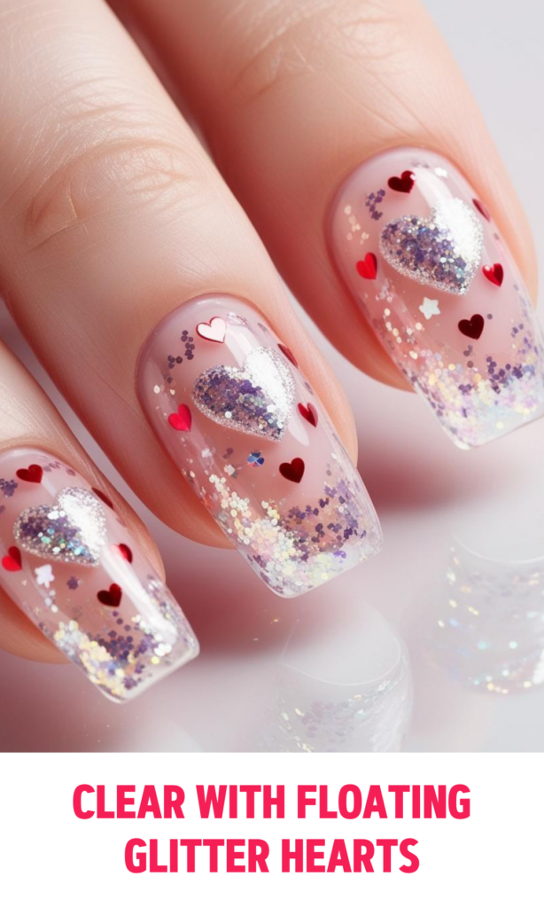 Clear Nails with Floating Glitter Hearts