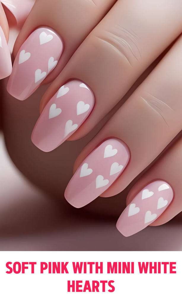 Soft Pink Nails with Mini White Hearts