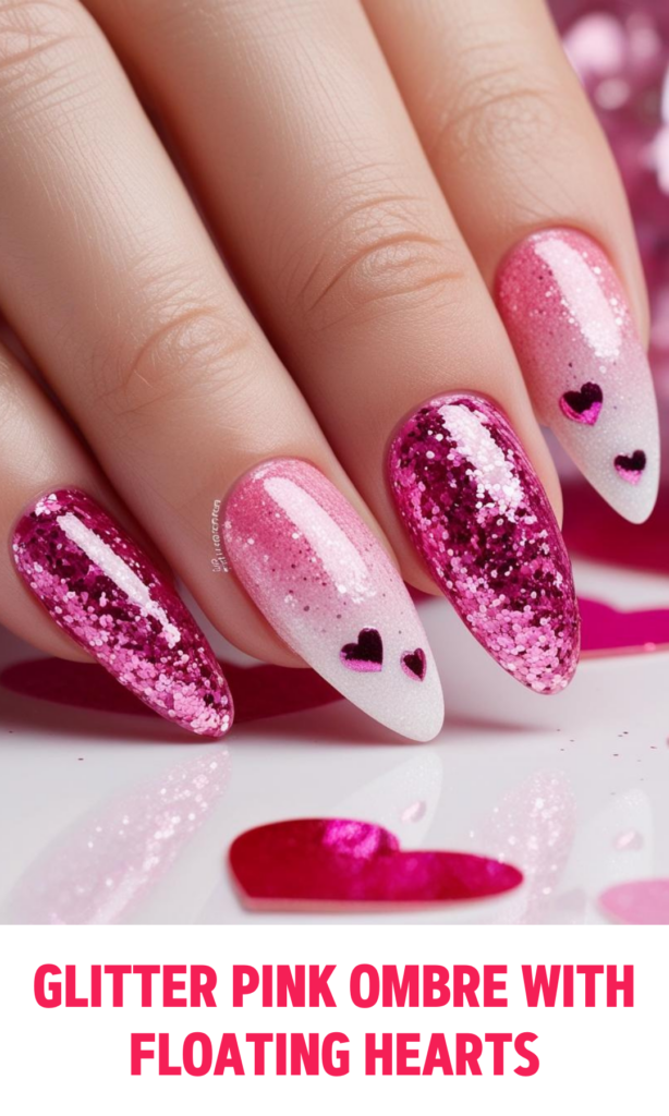 Glitter Pink Ombre Nails with Floating Hearts