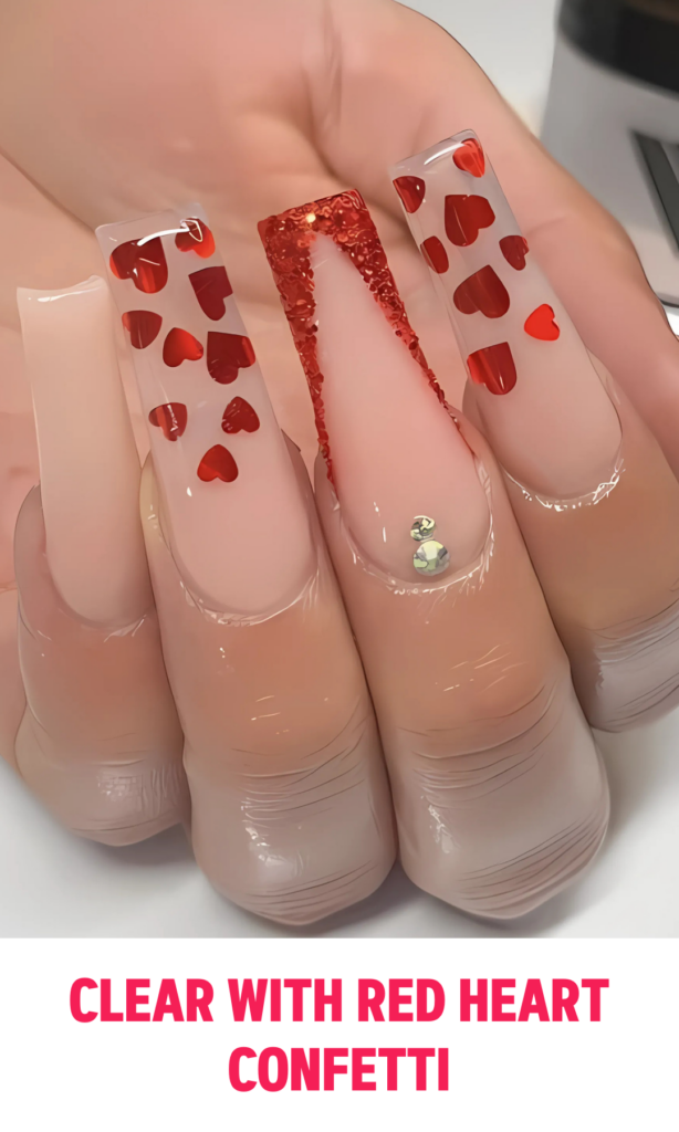 Clear Nails with Red Heart Confetti