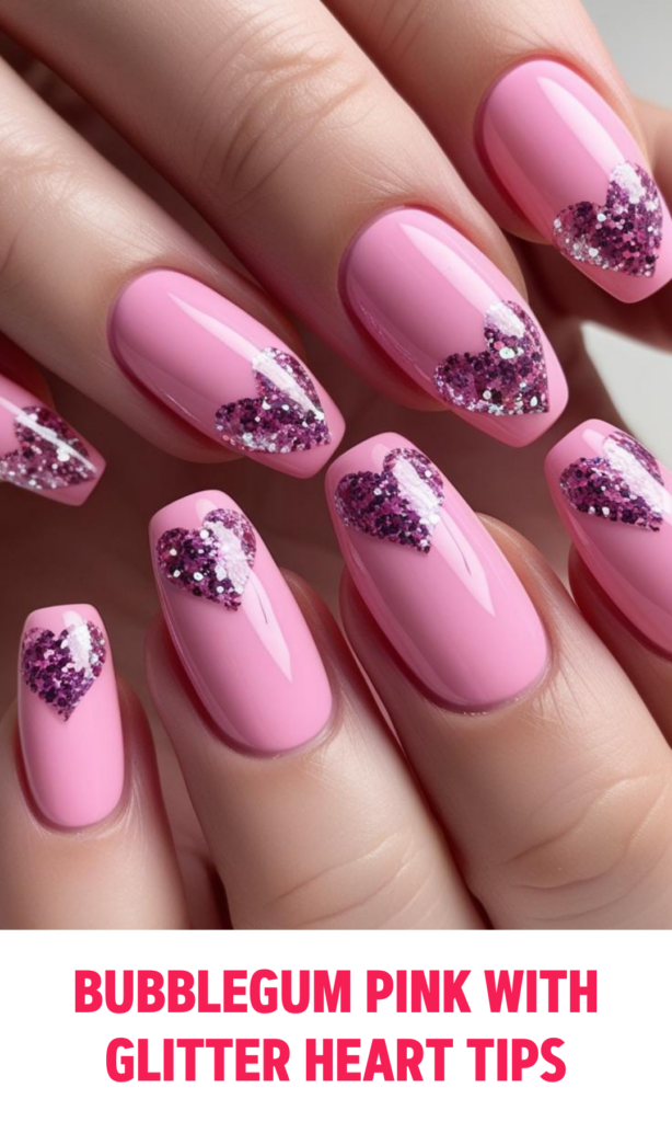 Bubblegum Pink Nails  with Glitter Heart Tips