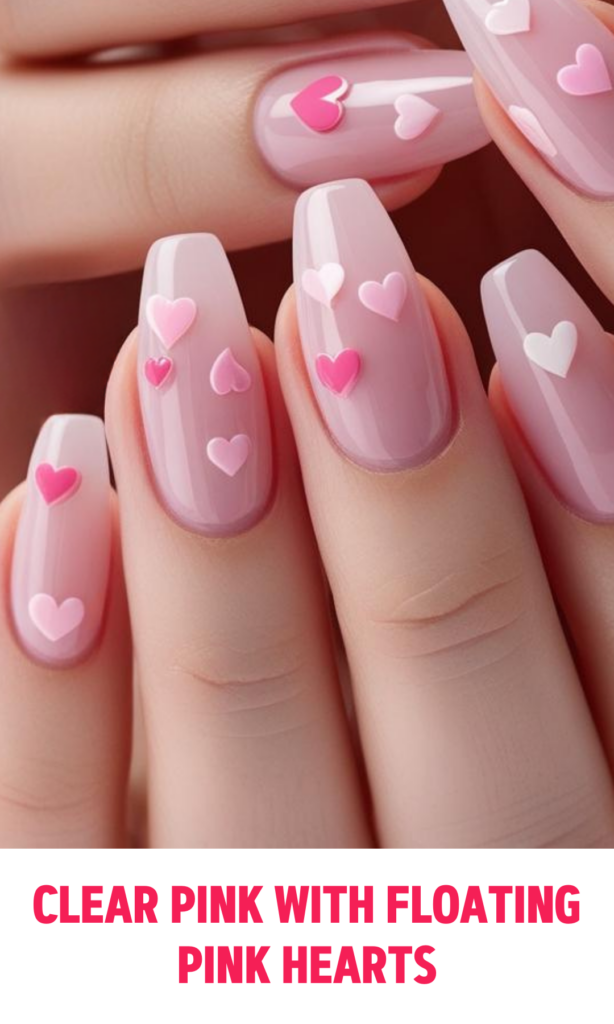 Clear Pink Nails with Floating Pink Hearts