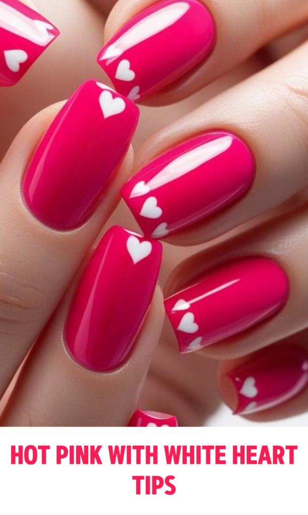 Hot Pink Nails with White Heart Tips