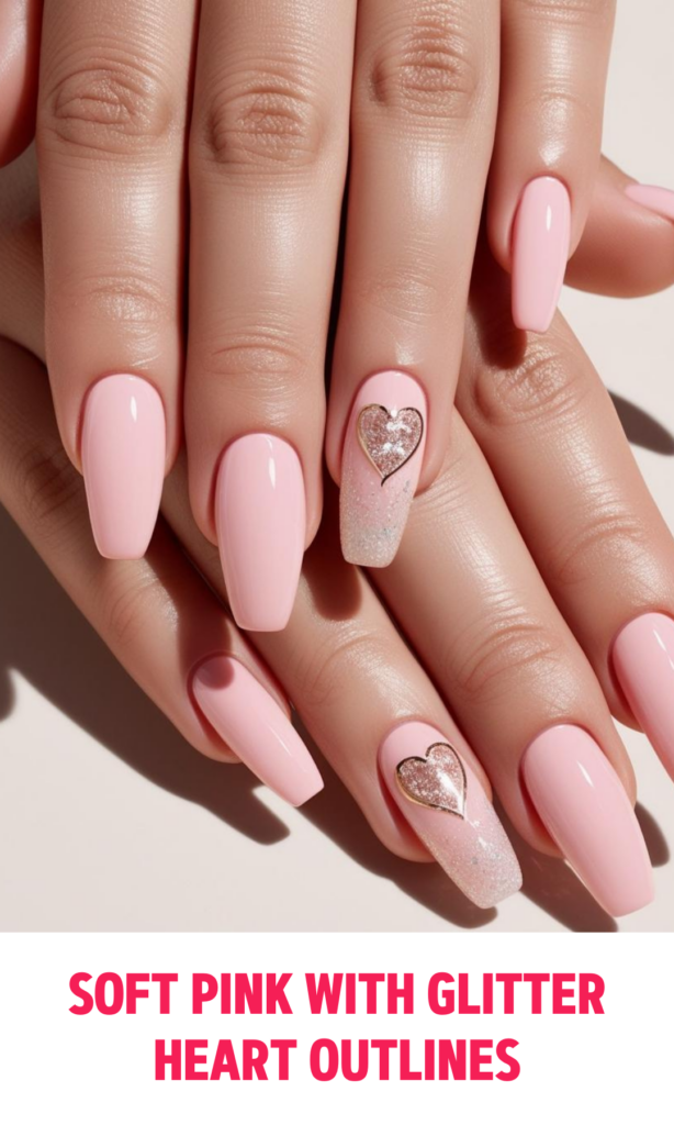 Soft Pink Nails with Glitter Heart Outlines