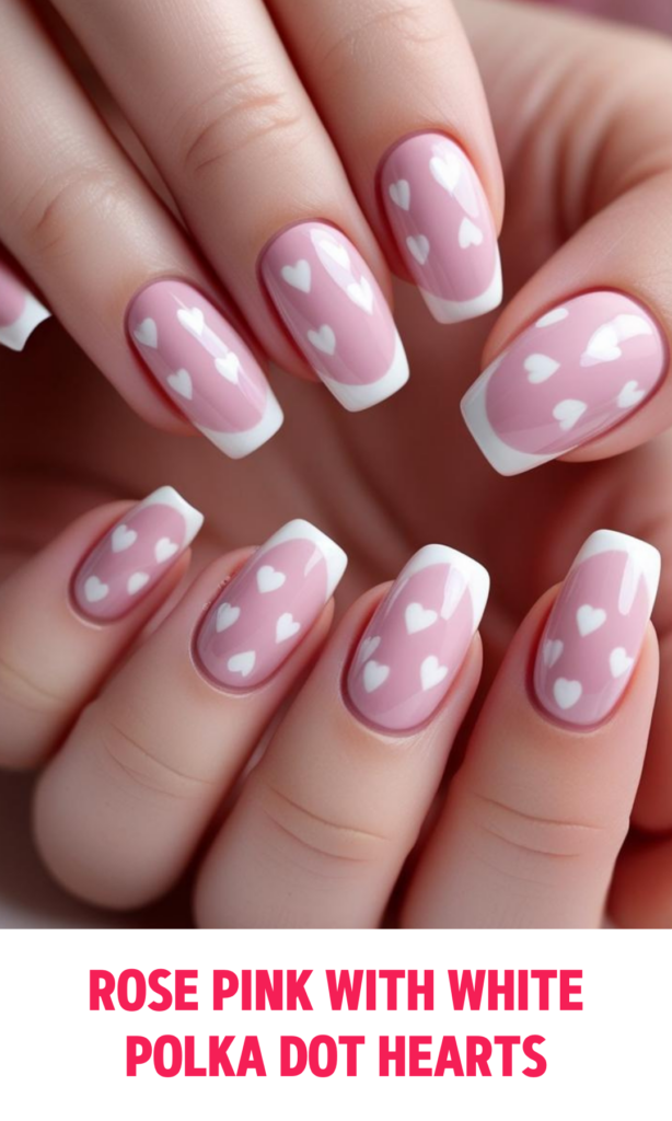 Rose Pink Nails with White Polka Dot Hearts