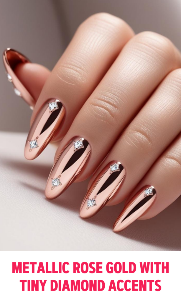 Metallic Rose Gold Nails with Tiny Diamond Accents