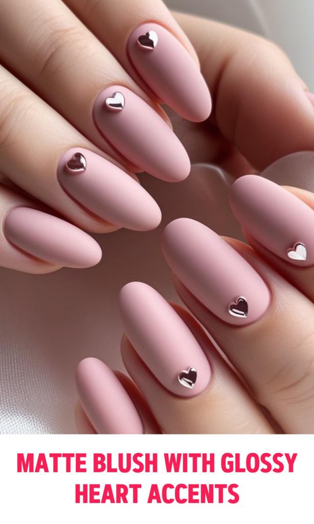 Matte Blush Nails with Glossy Heart Accents