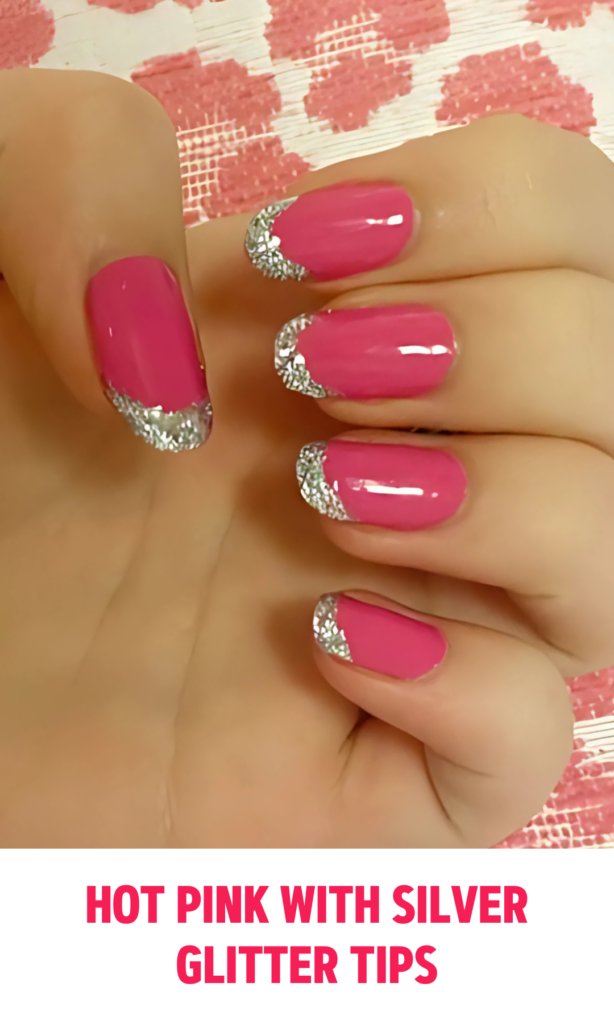 Hot Pink Nails with Silver Glitter Tips