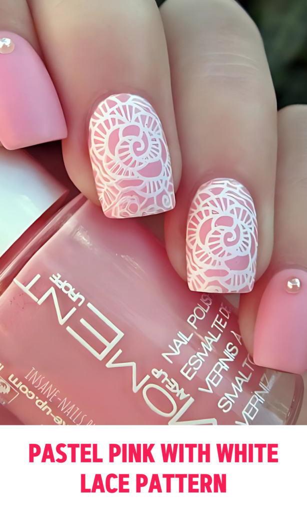 Pastel Pink Nails with White Lace Pattern