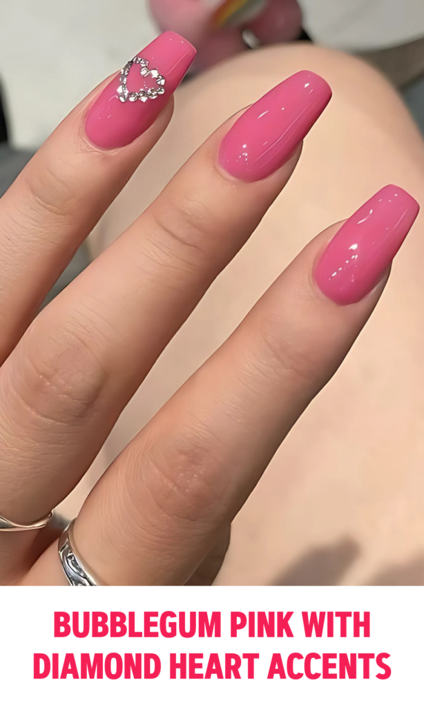 Bubblegum Pink Nails with Diamond Heart Accents