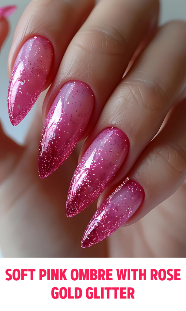 Soft Pink Ombre Nails with Rose Gold Glitter