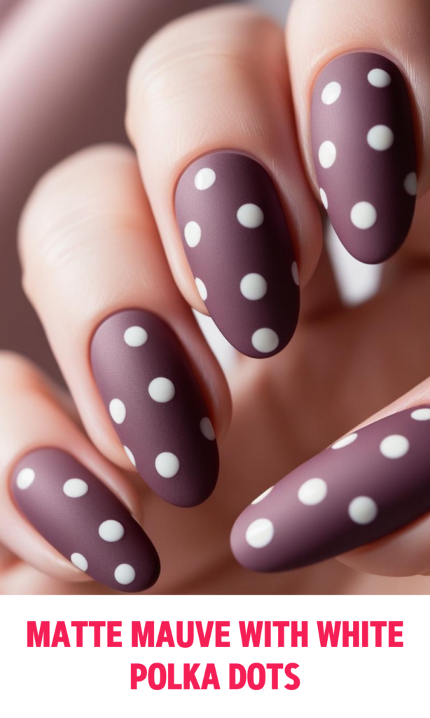 Matte Mauve Nails with White Polka Dots