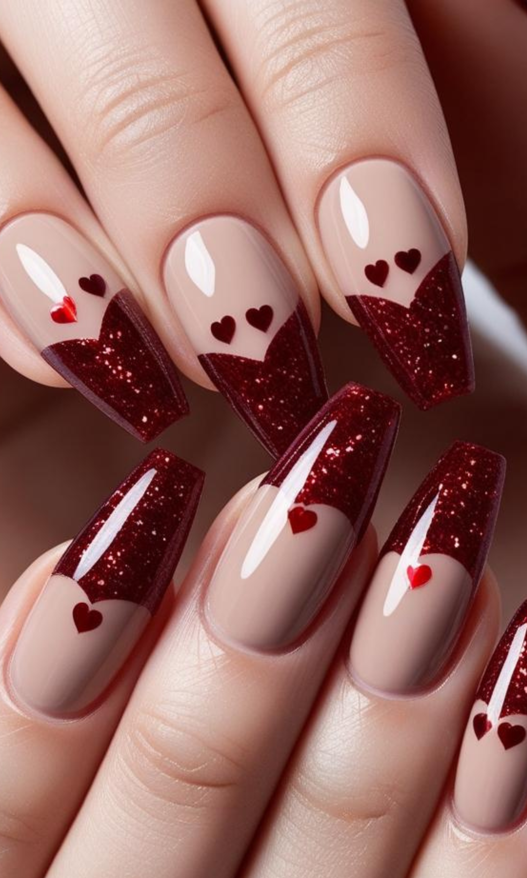 Sharp and Pointy Valentine’s Day Nails with Heart Designs