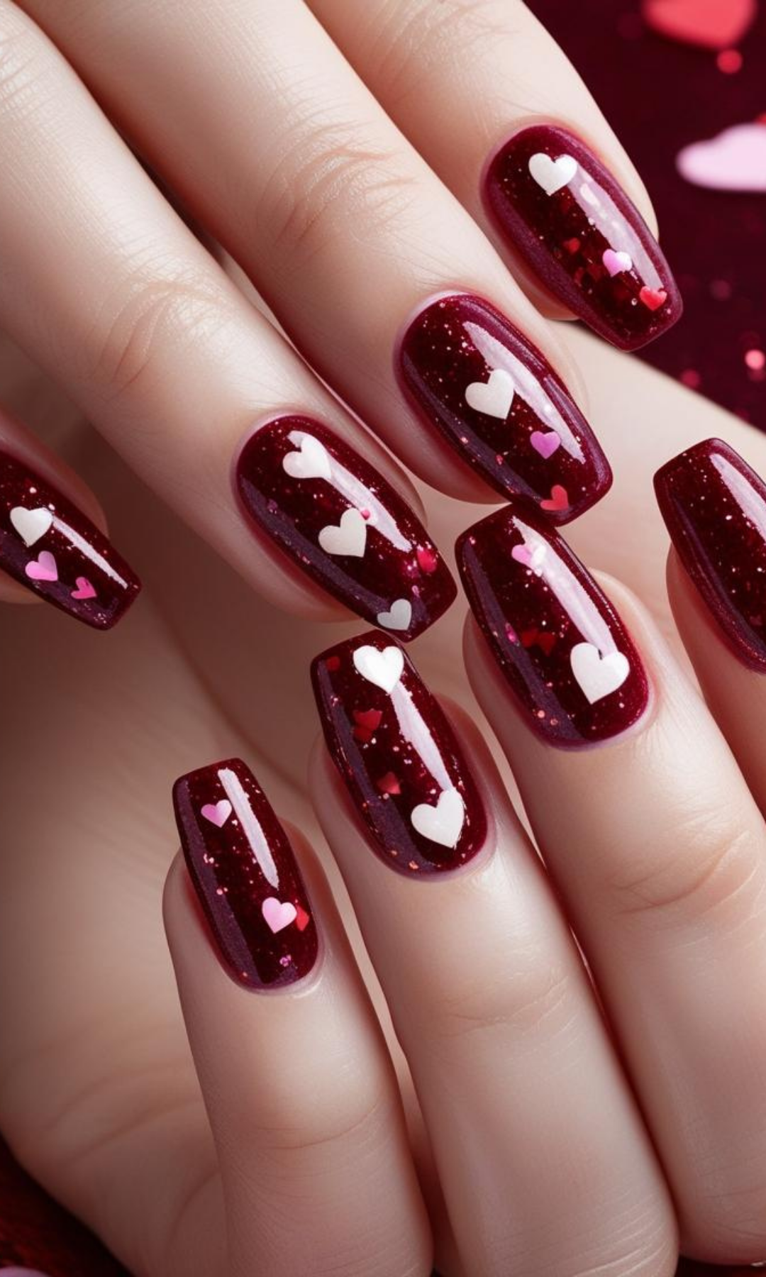 Sparkle and Shine: Gorgeous Red Glitter Nails with Heart Accents